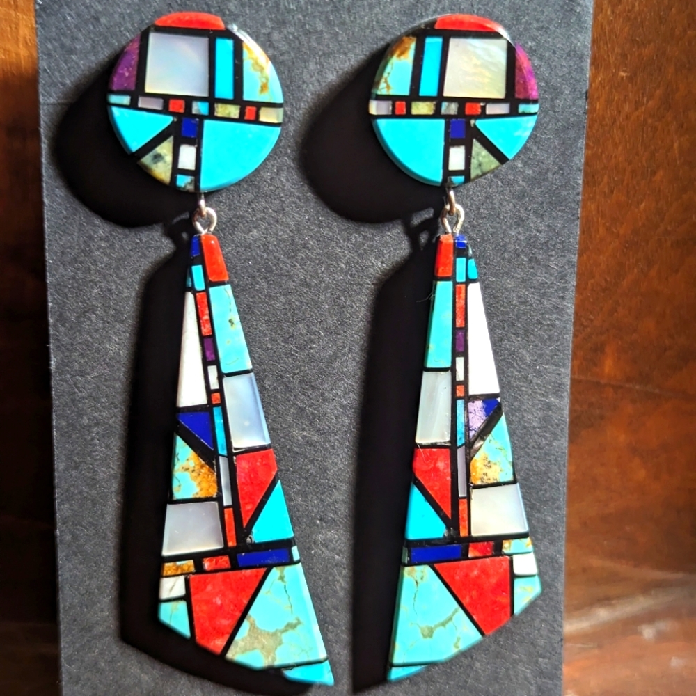 Handmade Inlayed Natural Multi Stone post Earring - Picture 4 of 6